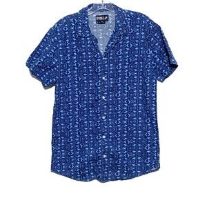Trunks Surf & Swim Artsy Fish Blue Button Shirt Mens S Hawaiian Retro Tropical